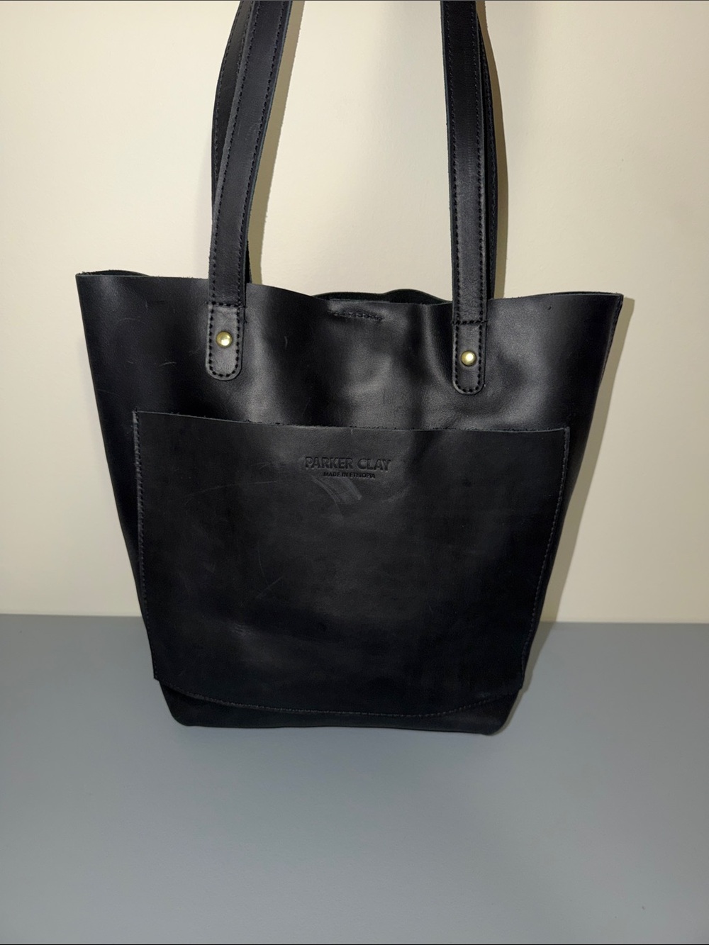 Parker Clay Black Leather Tote with Front Pocket